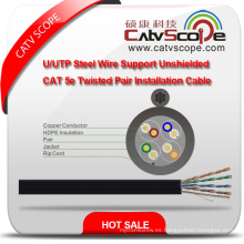 Cableado de estructura de alta calidad Cable LAN Cable de acero U / UTP Soporte Cable de instalación de par trenzado Cat 5e no blindado